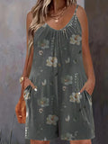 Plus Size Allover Print Cami Romper Jumpsuit, Casual Pocket Ruched Sleeveless Romper Jumpsuit, Women's Plus Size Clothing