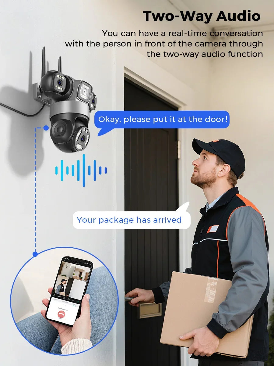 12MP 6K Three Lens Three Screens Wifi Camera Bright White Light Night Vision Outdoor ICsee Surveillance Camera Human Detection