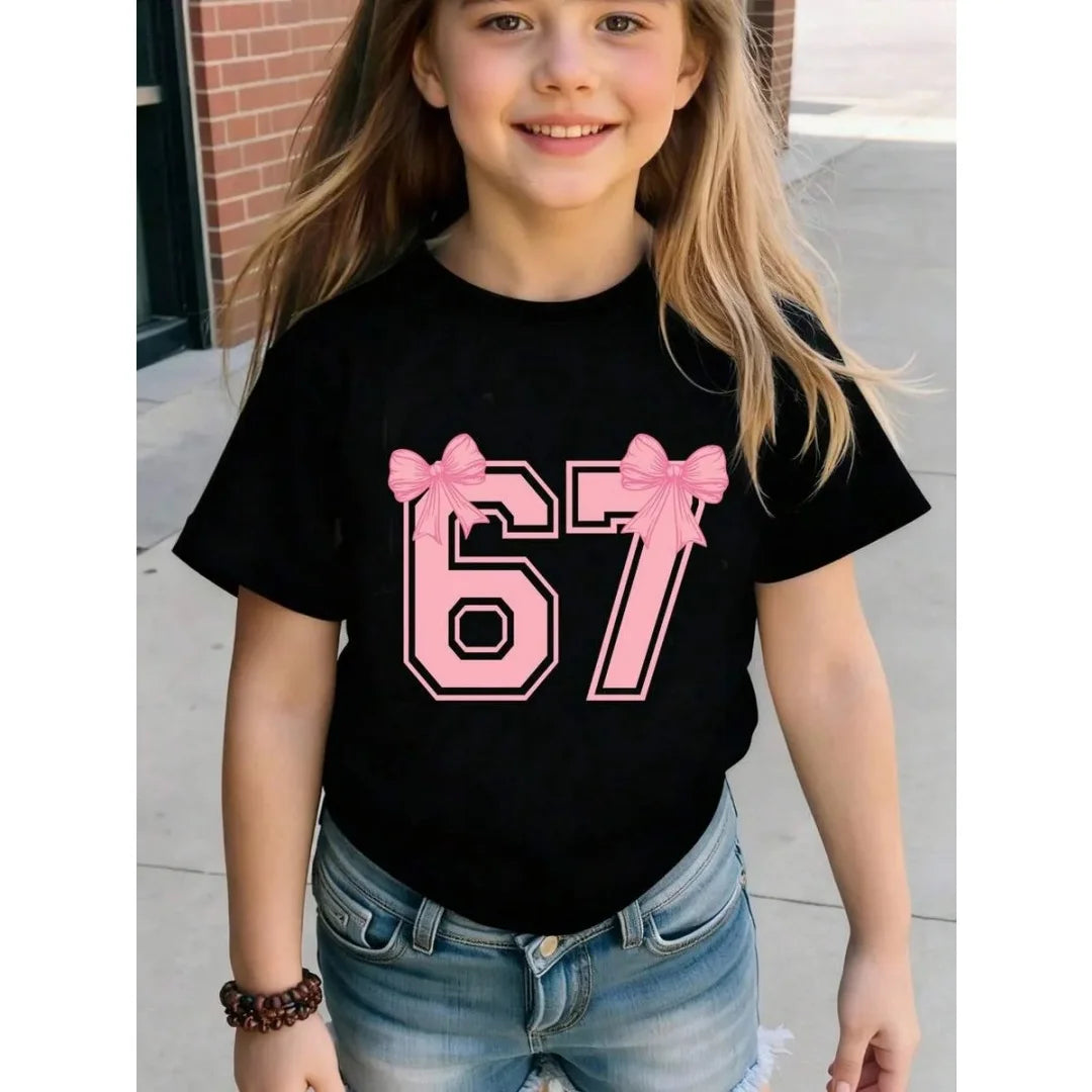 Children's 67 Christmas Elf Print Girls Short Sleeve Round Neck Tee Parties Casual Wear Comfort Children Clothes Girl Clothing