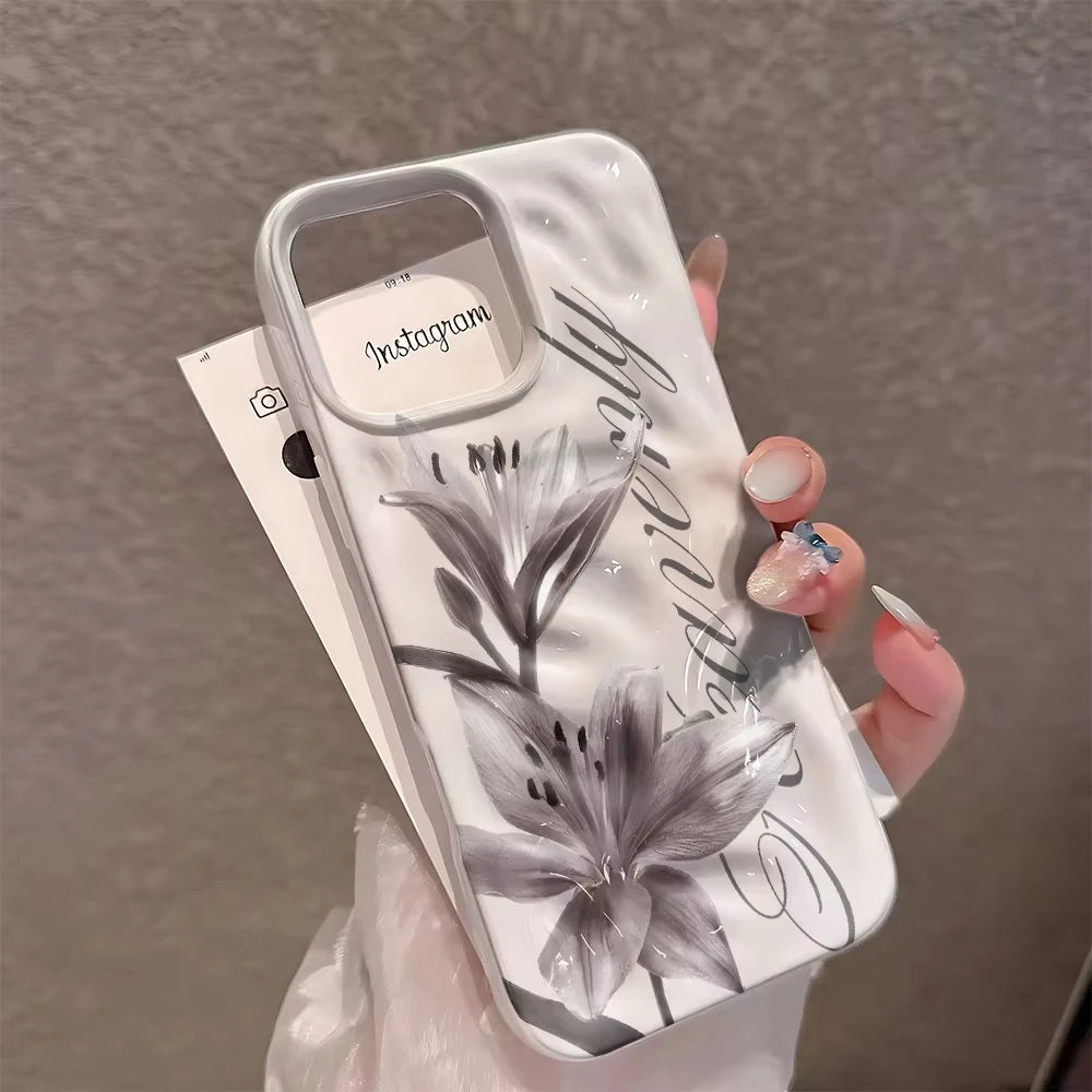 Gray Lily Floral Print Wave Texture Phone Case for iPhone 17 Pro Max 16 15 Plus 14 13 12 11 Shockproof Protective Cover