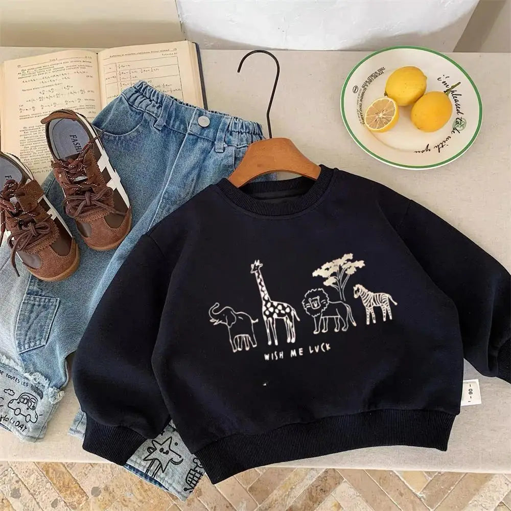 Beige Sweatshirts Spring/Autumn Wear For Kids Cartoon Animals Print Long Sleeve Simple Casual Round Neck Tops Children Clothes