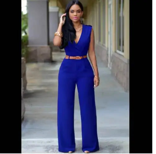 Summer Women's Jumpsuit Wide Leg Pants V-Neck One-Piece Suit with Belt Casual Fashionable Ladies' All-In-One Clothing