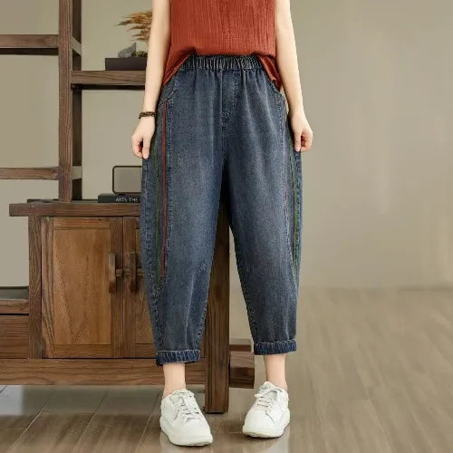 Retro Full Cotton Washed Denim Pants Women's New 2026 Spring Summer Patchwork Loose Harem Pants High Waist Nine Points