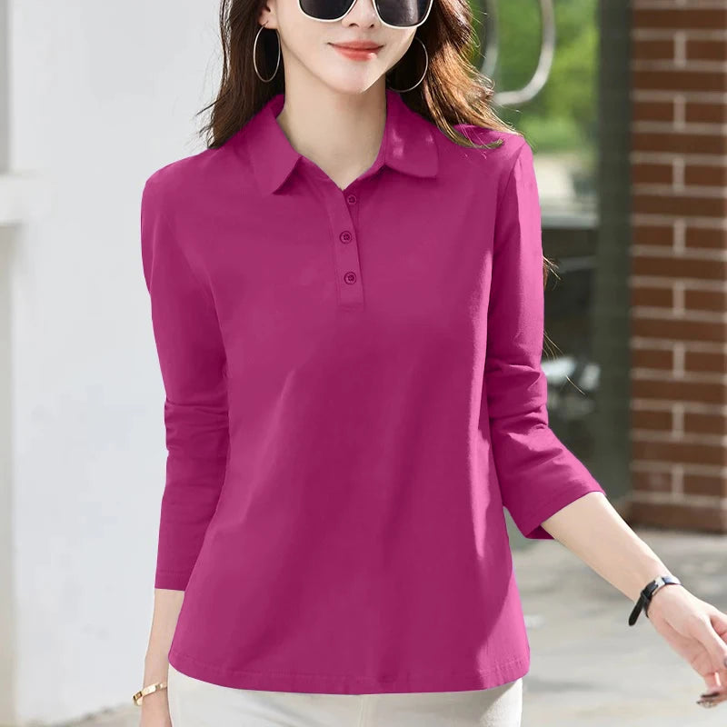 Women's  irt Long Sve T-irt Pure Cotton Loose Fit Autumn New Sle Versatile Turn-down Collar Base Top