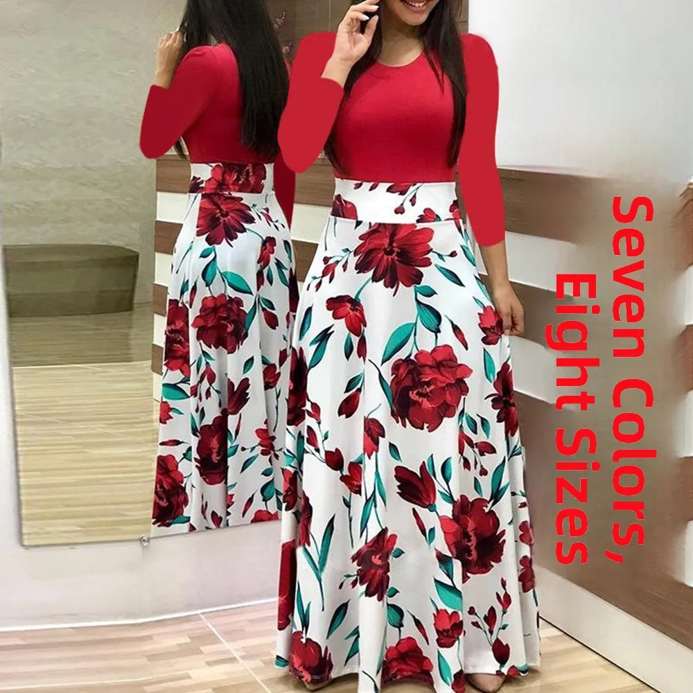 Wish Best Selling Floral Print Color Block Long Sleeve Dress Women's Maxi Dress round Neck Other Material 100% Summer 2020
