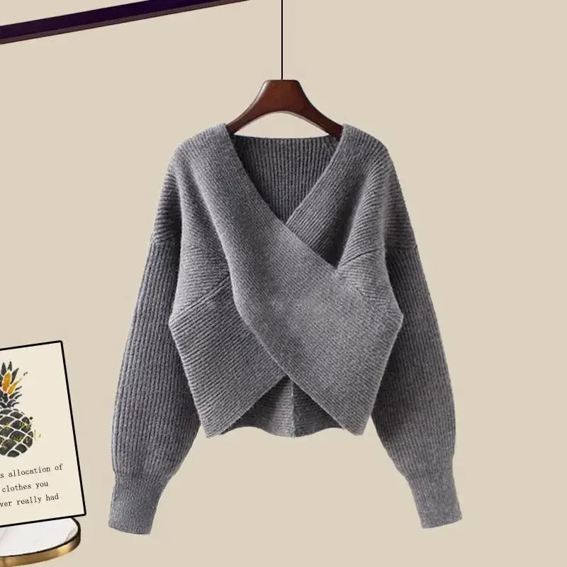 Solid V-neck Sweater Dress Women Autumn Suit Women Korean New Fashion Red Sweater Mid-length Knitted Skirt Two-piece Set