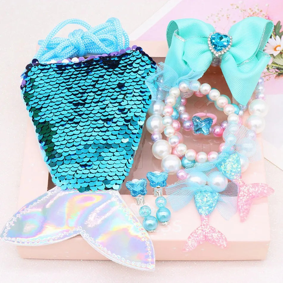 Girl Little Mermaid Party Accessories Necklace Ring Earring Bracelet Kids Toy Children Birthday Gift Magic Sequin Purse Headband