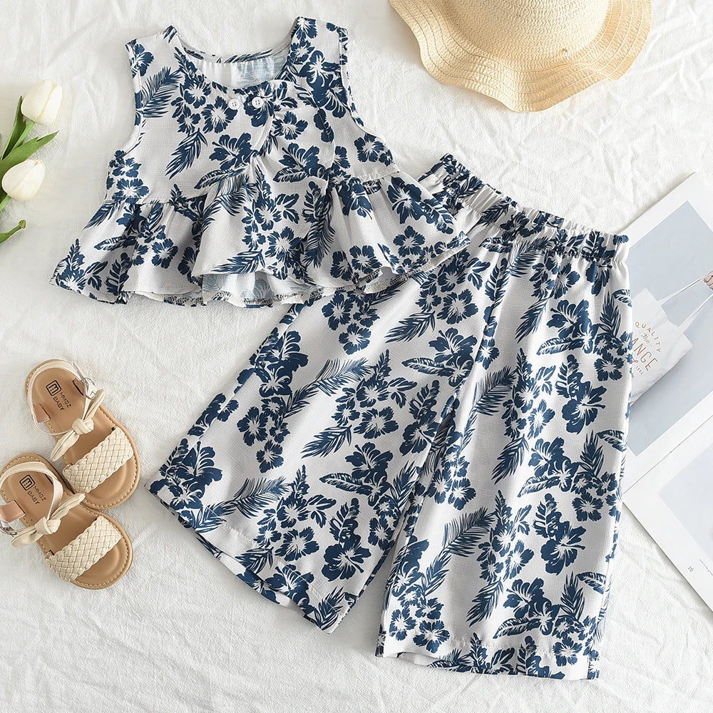 Bear Leader Korean Childrens Clothing 2025 Summer Girls Suit Girls Vest Pants Two-piece Children's Seaside Holiday Suit Exotic