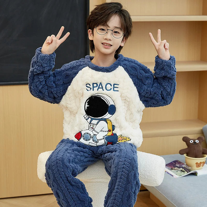 Flannel Pajamas For Boy Flannel Warm Pyjamas Kids Thicken Cartoon Teens Sleepwear Cute Big Boys Girls Night Clothes 10 12 14 16Y