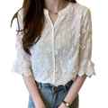 Summer Thin V-neck Women's Shirt Sweet Style Three-dimensional Flower Decoration Half Sleeved Blouse Lace Women's Tops 9638