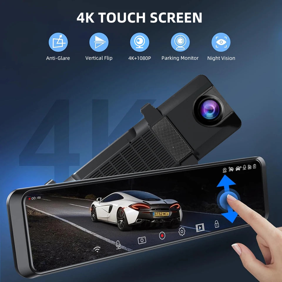 E-ACE Car DVR 24H Touch GPS Night Vision Connect Phone 12 Inch Record Sound Rear Camera 4K Dash Cam Optional Dual-Lens Black Box