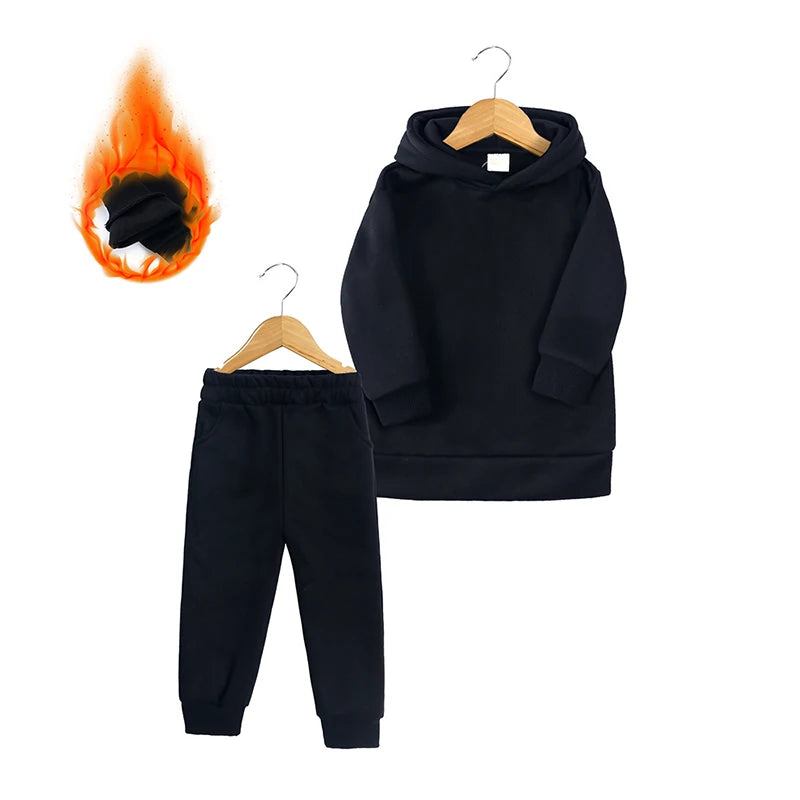 2026 Winter Children Fleece Outfits Toddler Warm Thicken Cotton Soild Hoodies+Pants Tracksuit Kids Boy Girl Sweatsuits Sets