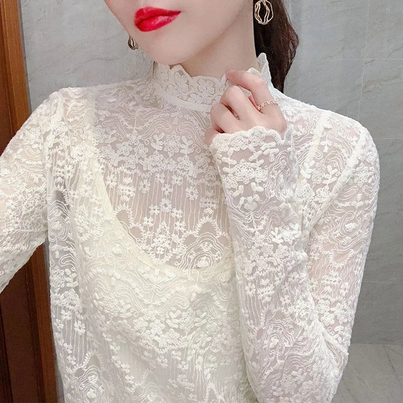 Lace Base Layer Shirt Women's Mid-Neck Thickened Half-High Neck Spring Autumn Winter Inner Wear Sweater Stylish New Model