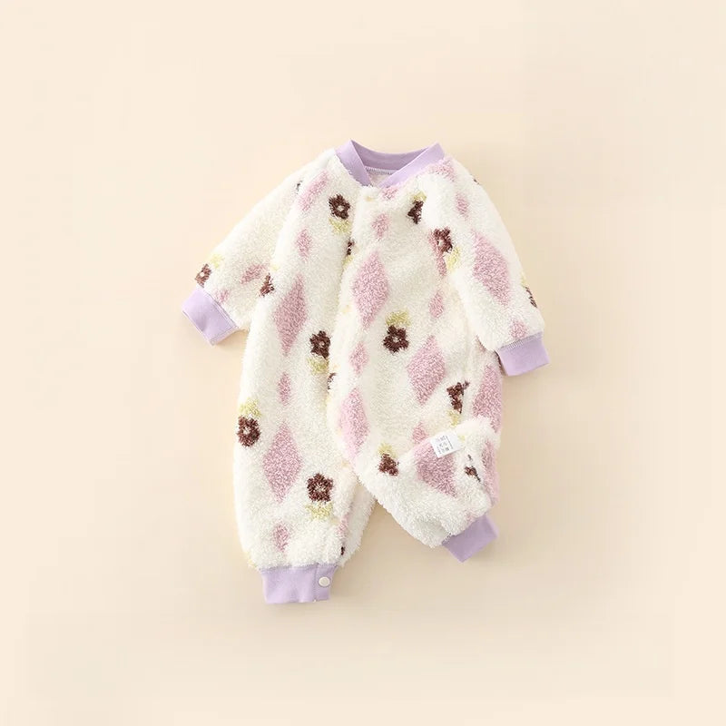 2026 Boys Girls Winter Spring Jumpsuit 0-24M Newborn Fleece Lined Long Sleeve Onesie Infant Cartoon Print Soft Warm Baby Romper
