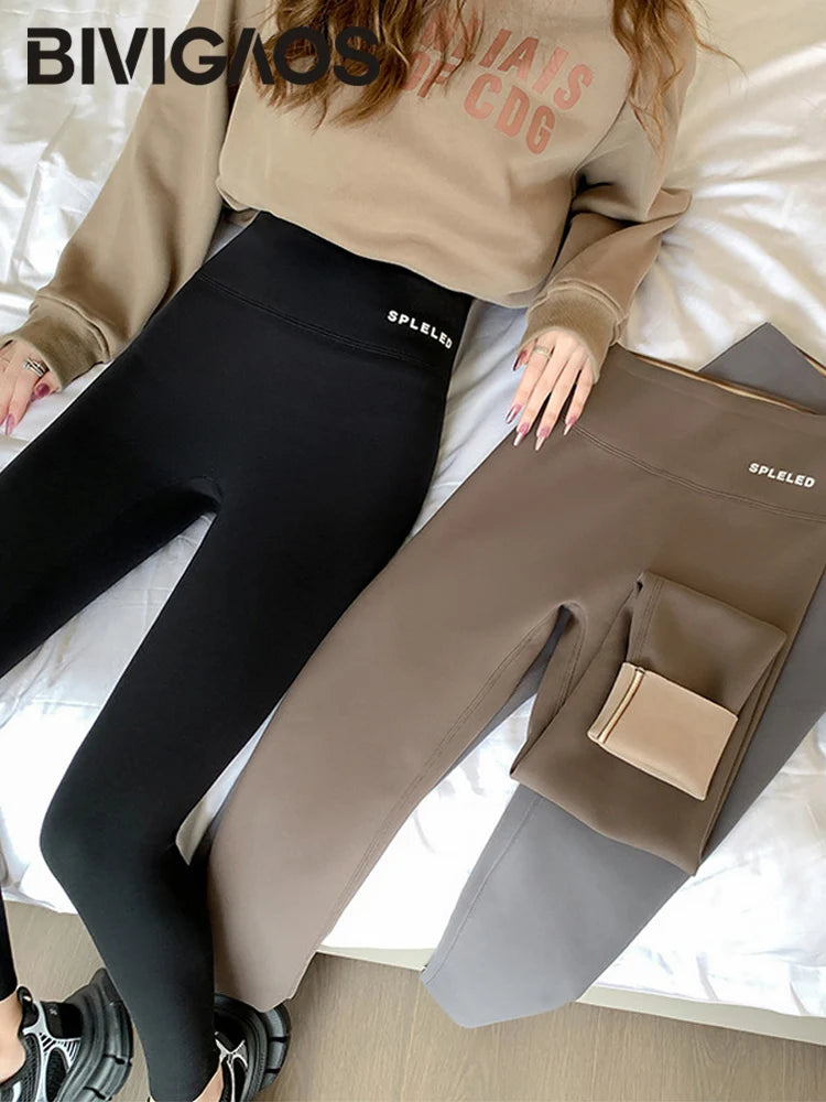 BIVIGAOS Autumn New Rabbit Velvet Shark Leggings Women High Waist Thin Fleece Warm Leggings Winter Seamless Sport Casual Legging