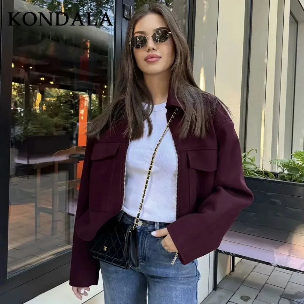 KONDALA 2026 Spring Summer Casual Women Wine Red Jackets Fashion Streetwear Zipper Pockets Turn Down Collar Chic Ladies Jackets