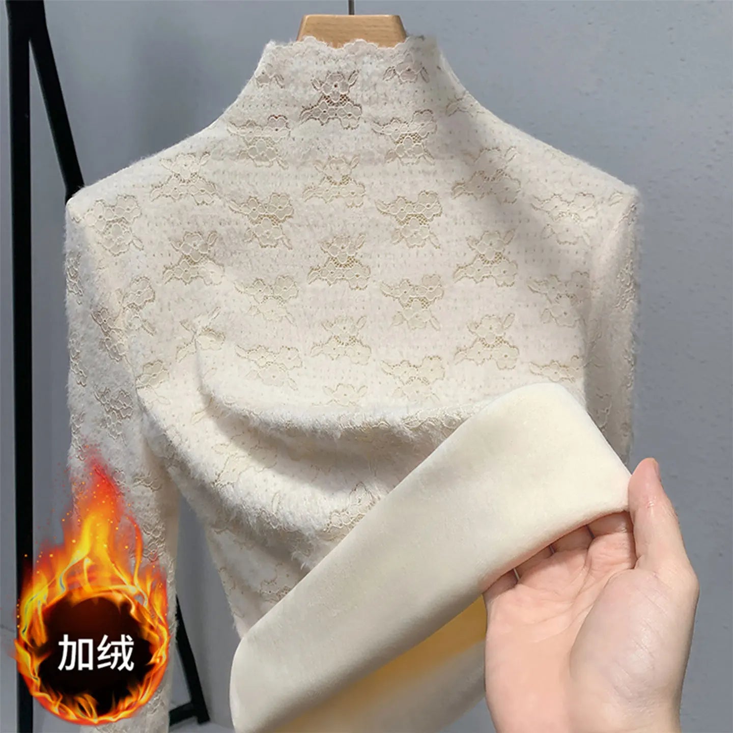 Thickened Half High Collar Fleece Lined Lace Base Shirt Women's High End Inner Wear Autumn Winter New Style Fashionable Top