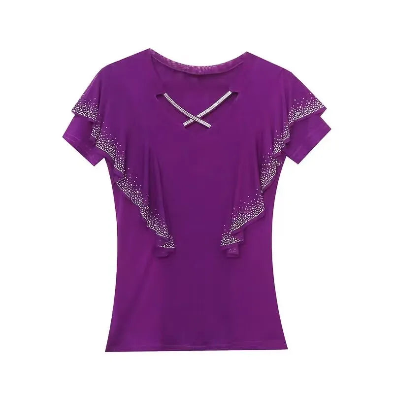 High Quality Summer Women's T-Shirt Fashion Casual V-NeckHollow Out Hot Diamonds Tees Female Ruffled Short Sleeved Mesh Tops