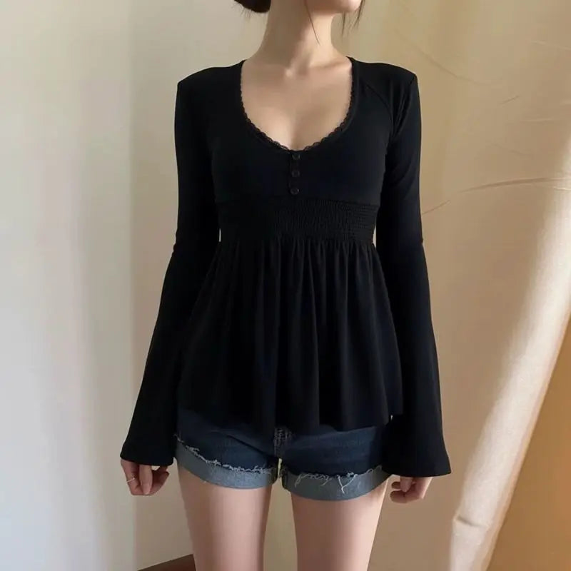 Japanese Y2K Fashion Top Long Sleeve Lace Trim Square Neck Blouse Women Casual American Retro 2000s Chic Tee Summer Streetwear