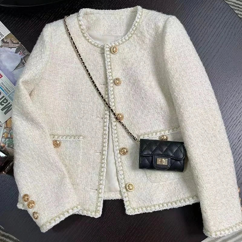 Spring Autumn Women Tweed Jacket Round Neck Woolen Temperament Korean Chic Short Coat Chic Tweed Blazer Outerwear Blazer Women