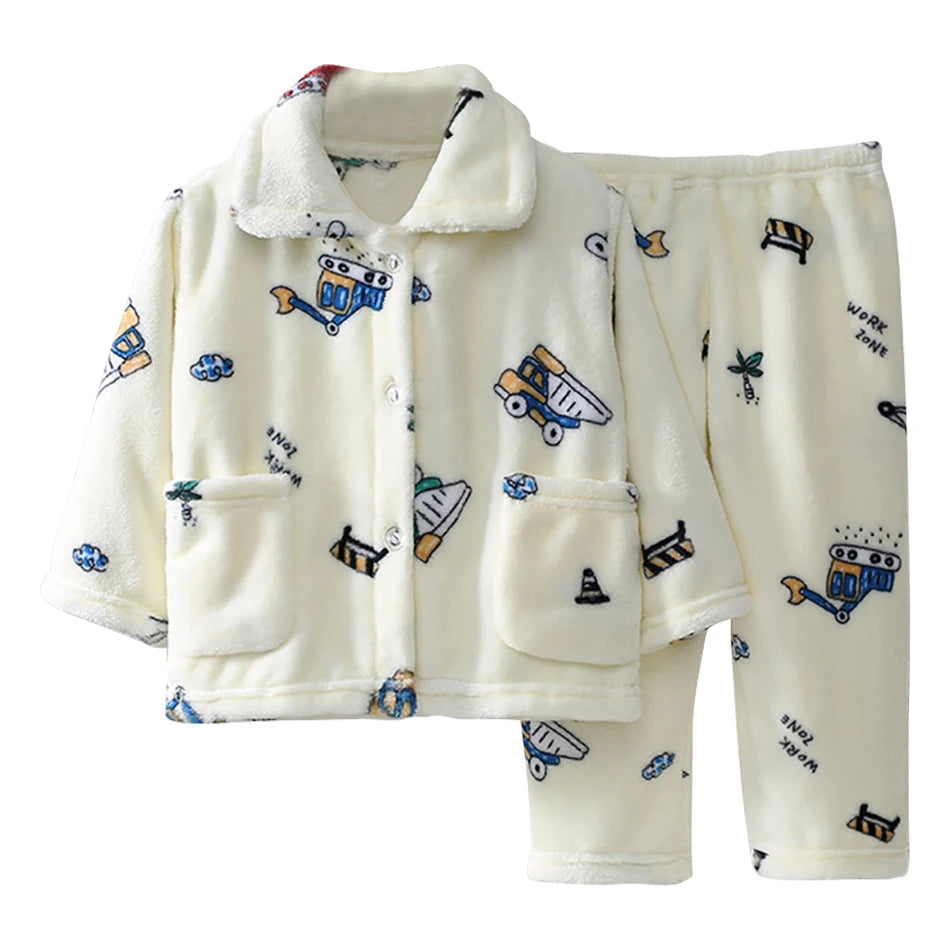 Winter Kids Pajama Set Coral Fleece Sleepwear with Cute Cartoon Clothing Ultra Warm Comfortable Long Sleeve Pajamas for Boy Girl