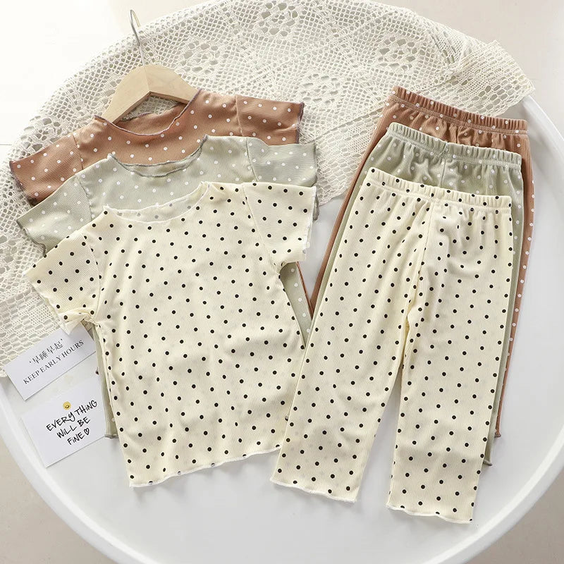 Korean version of summer girls short-sleeved suit comfortable air conditioning suit baby girl ice silk polka dot home clothes