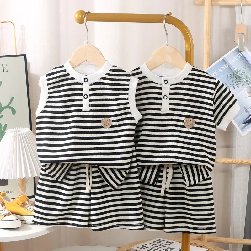 2025 New Baby Clothes Set Sleeveless Tee And Shorts 2pcs Boys Tracksuit Waffle Striped Toddler Girls Outwear