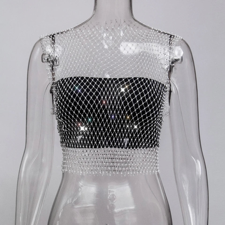 Women Sexy See Through Mesh Diamond Tank Tops Hollow Out Rhinestone Vest Beach Cover Up Crop Tops For Rave Festival Clubwear