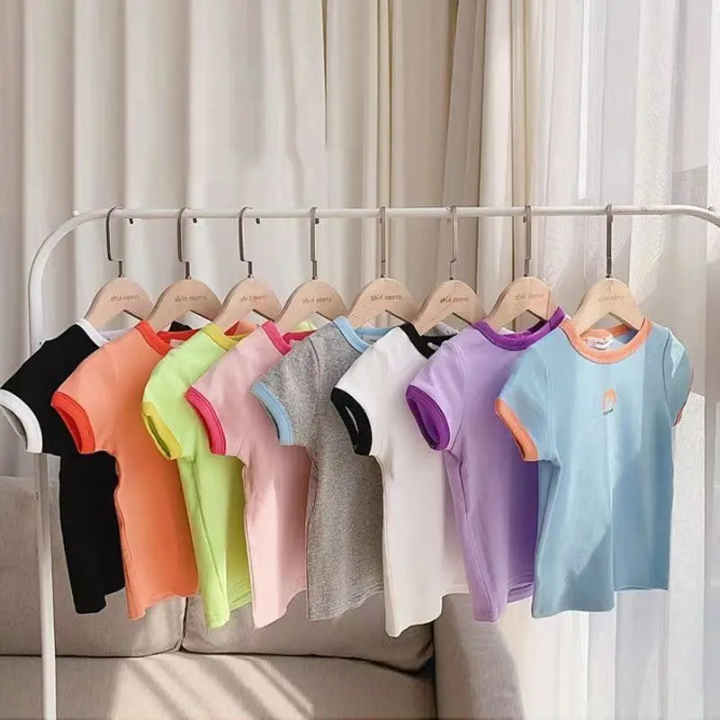 Candy Colored Short Sleeved T-shirt Girls Versatile and Stylish Cartoon Ice Silk Short Sleeves 3-8 Years Old Children Summer Top