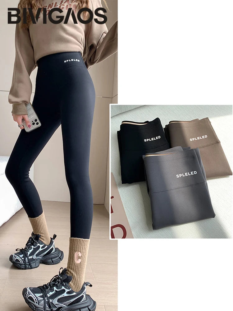BIVIGAOS Autumn New Rabbit Velvet Shark Leggings Women High Waist Thin Fleece Warm Leggings Winter Seamless Sport Casual Legging