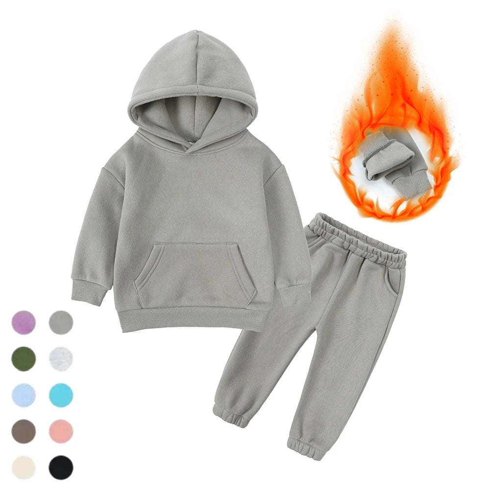 2026 Winter Children Fleece Outfits Toddler Warm Thicken Cotton Soild Hoodies+Pants Tracksuit Kids Boy Girl Sweatsuits Sets