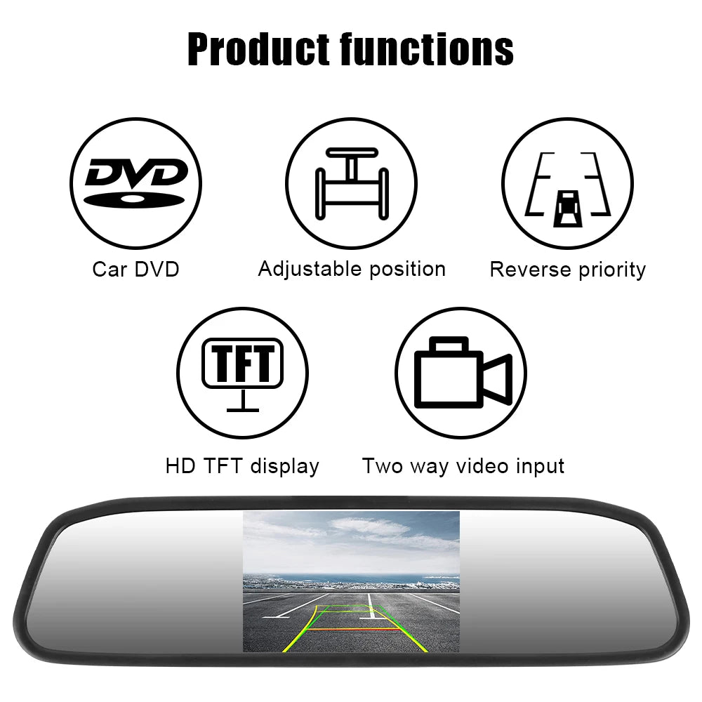 12V Car Interior Mirror Rear View Camera Parking Monitor PDC Parktronics DVD Player 4.3 Inch Screen HD Video Display Accessories