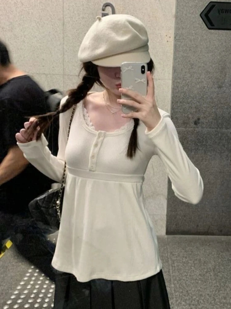Japanese Y2K Fashion Top Long Sleeve Lace Trim Square Neck Blouse Women Casual American Retro 2000s Chic Tee Summer Streetwear
