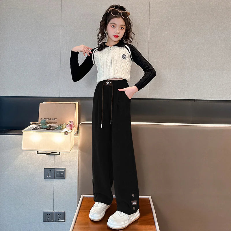 Girls Padded Wide-Legged Pants Kids Plus Velvet Warm Trousers Teen High Waist Streetwear Baggy Pant Children Loose Straight Pant
