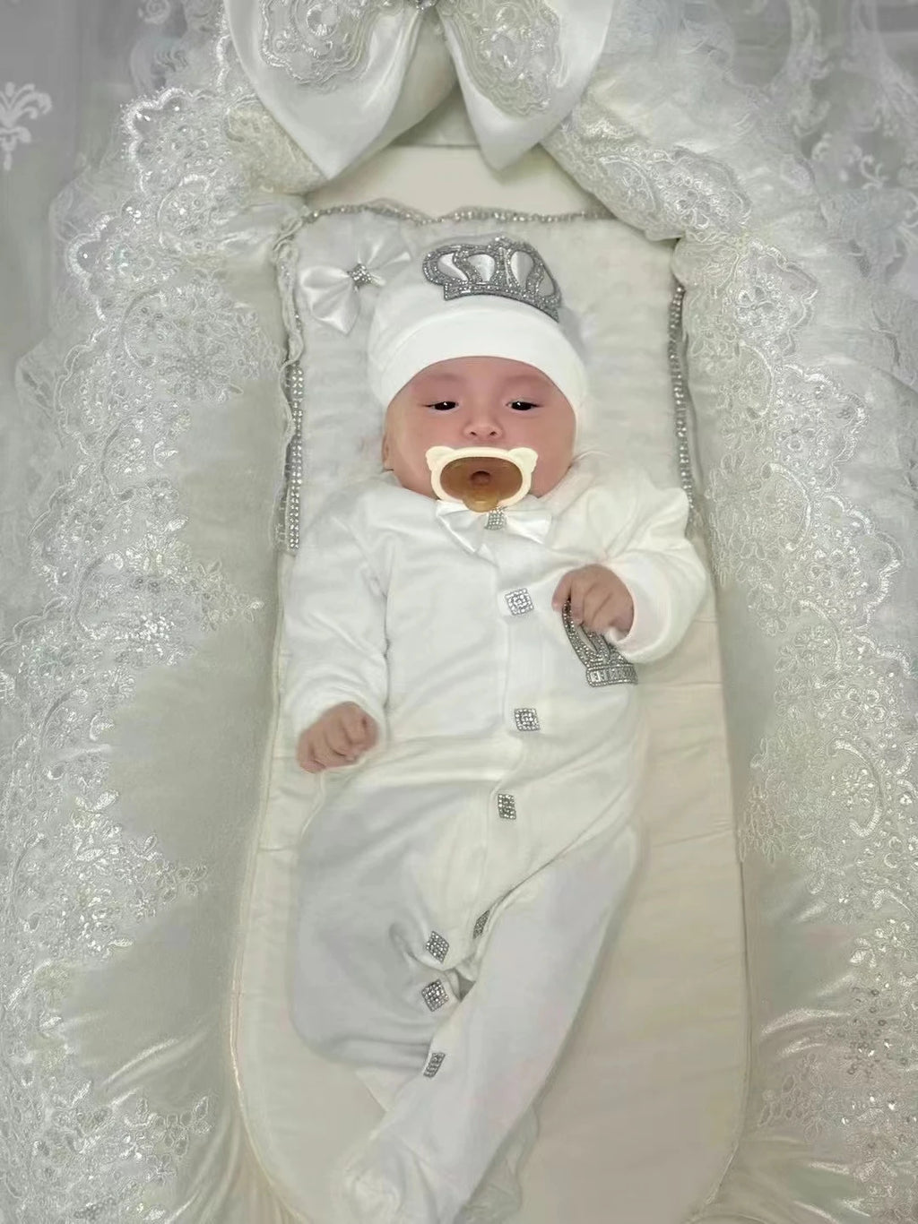 Dollbling Baptism Outfit Boy Prince Luxury Bling Christening Coming Home Romper Bonnet Set Mittens Nursery Hospital Clothing set