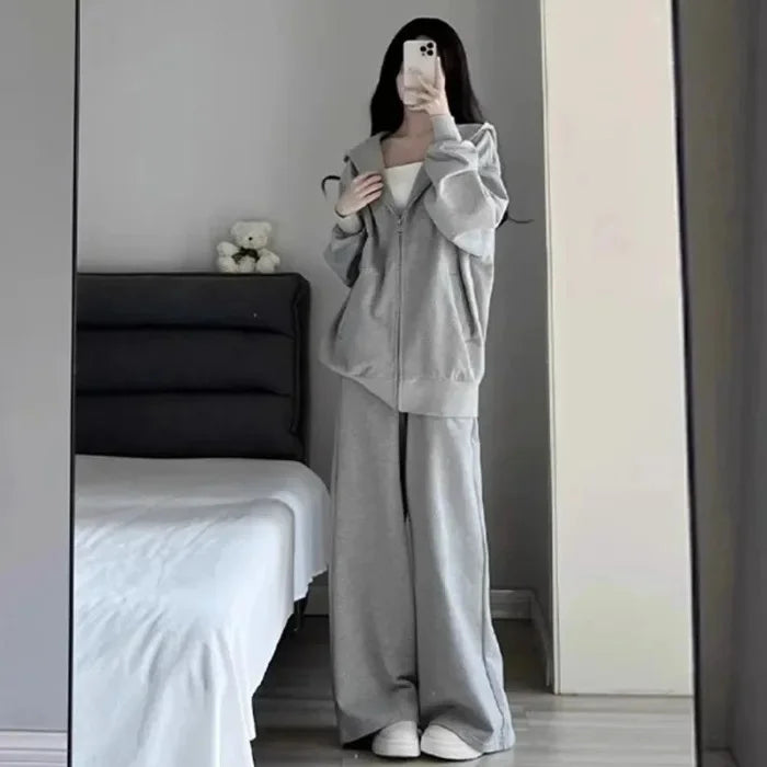 Grey Loose Women's Sportswear Set Autumn Winter Casual Wide Leg Pants Hoodie Two Piece Suit Comfortable Fashion Outfit