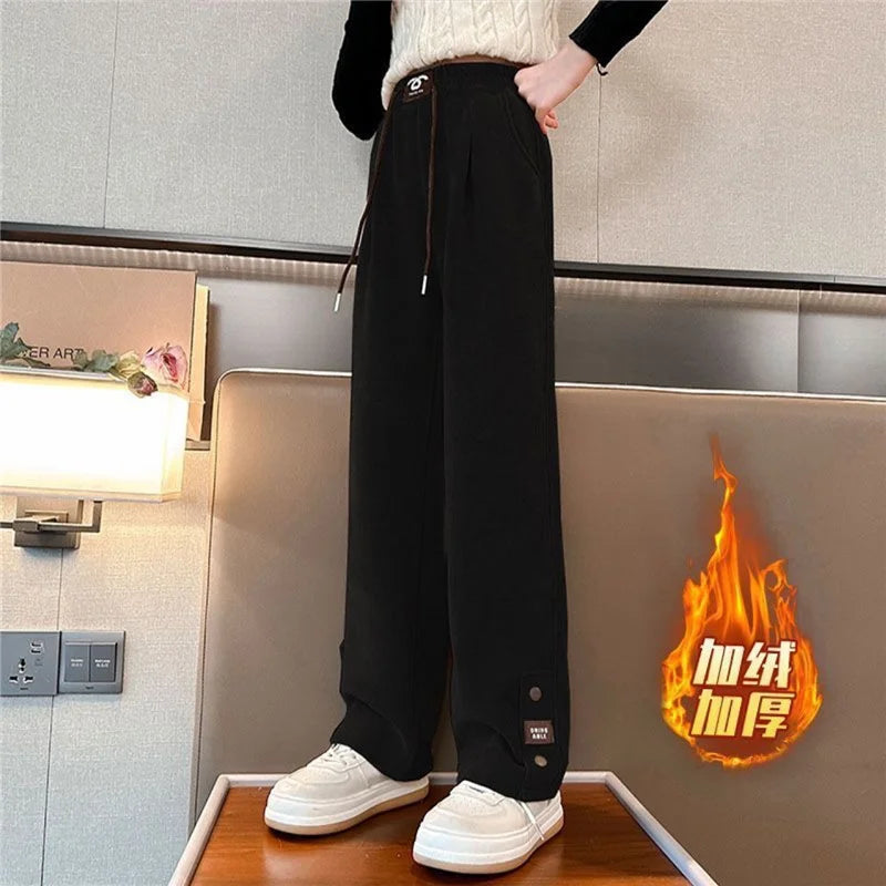 Girls Padded Wide-Legged Pants Kids Plus Velvet Warm Trousers Teen High Waist Streetwear Baggy Pant Children Loose Straight Pant
