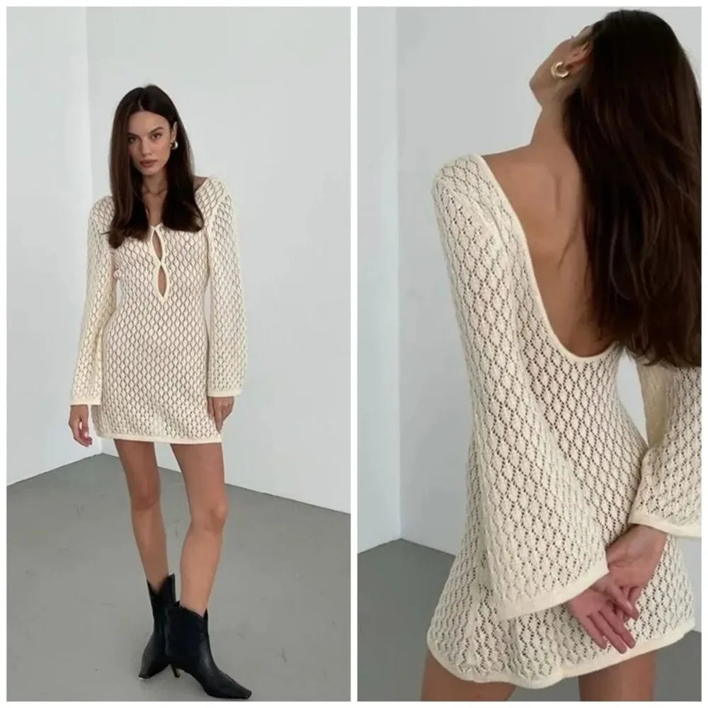 Sexy Pearls Hollow Out Knit Mini Dress Women Sweet Backless Beach Holiday Evening Dresses Party Summer Vacation Robes Design New
