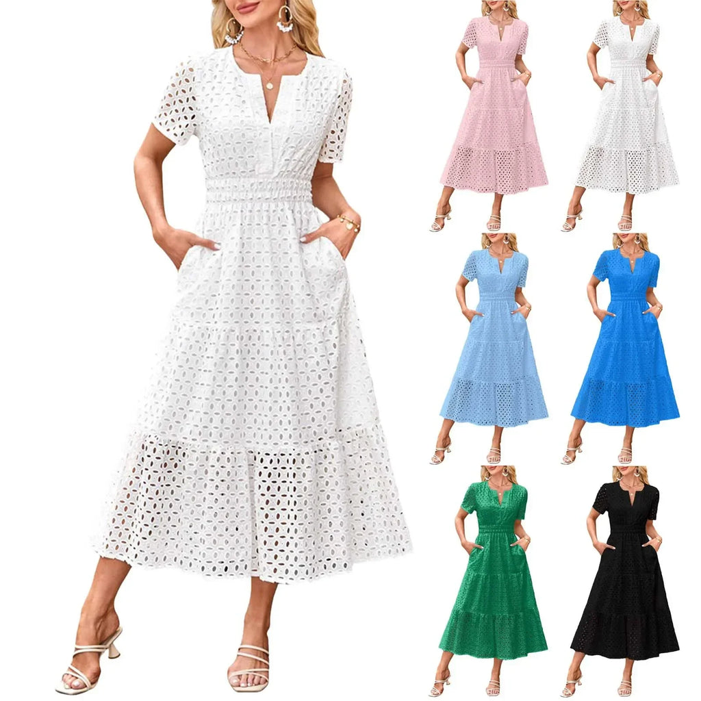 Summer New Women Short Sleeved Long Dress Trendy V-Neck Hollow Eyelets Ruffle Hem A-Line Dresses Pockets Female Vestidos