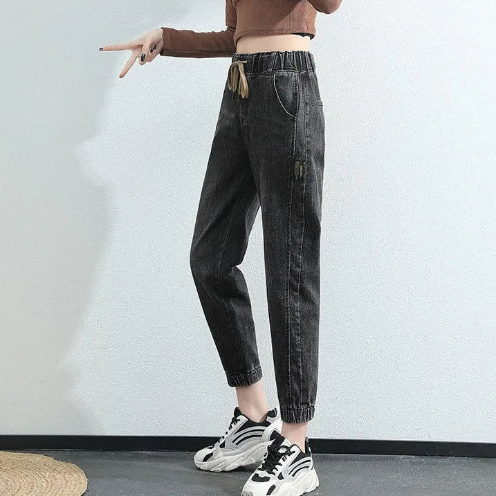 Harajuku Style Women's Jeans Elastic Waist High Waist Cotton Stretch Denim Light Color Pear Shape Body Loose Fit Long Pants