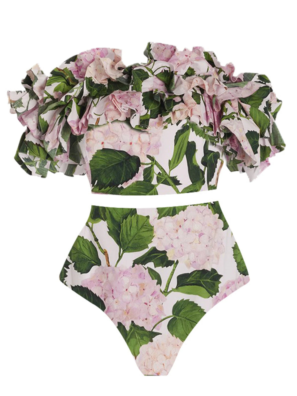 Ruffle High Waist Bikini Set Swimsuit For Women 2024 New Flower Print Swimwear And Beach Dress Female Off Shoulder Bathing Suit
