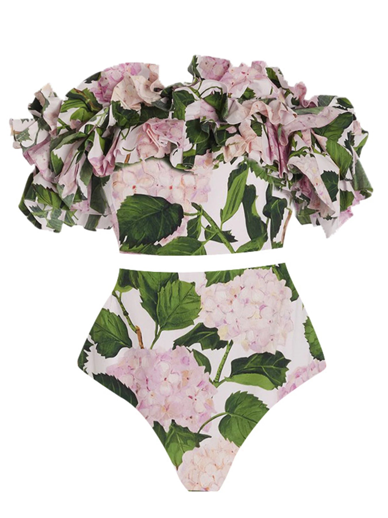 Ruffle High Waist Bikini Set Swimsuit For Women 2024 New Flower Print Swimwear And Beach Dress Female Off Shoulder Bathing Suit