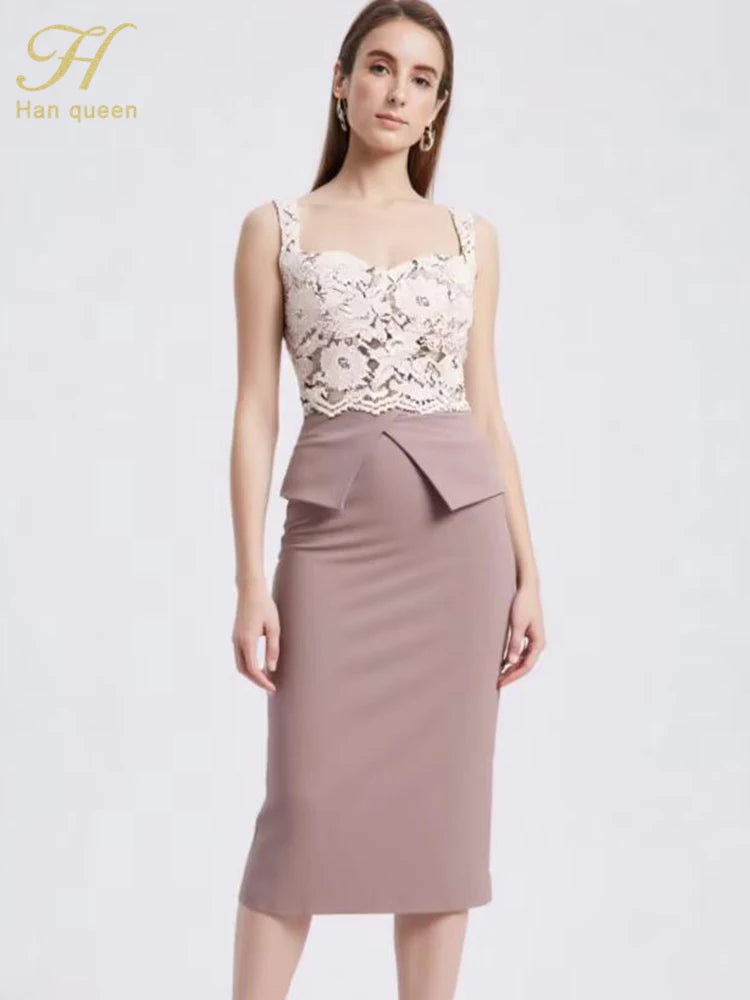 Halter Strapless Sleeveless Hollow out Holiday Prom Dresses Summer Lace Splicing Sexy Club Sheath Pencil Dress