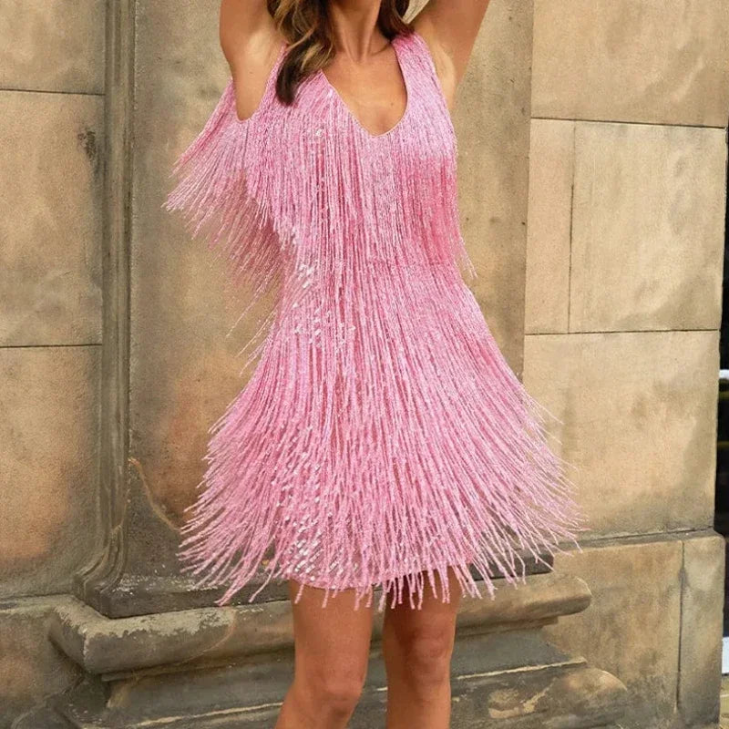 Party Pink Tassel Mini Y2k Dress 2025 Prom New Sexy Women Spaghetti Strap Stitching Dresses Sexy E-girl Elegant Evening Vestidos