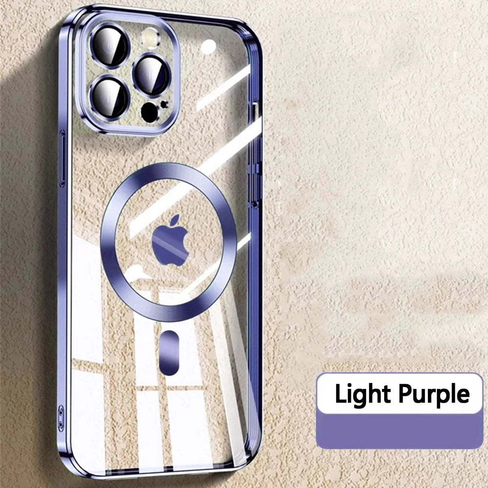 Original Clear Plating Cover For Apple Magnet Magsafe Case Iphone 15 14 Plus 13 12 11 Pro Max X Xs Xr 5K 10H Glas Camera Protect