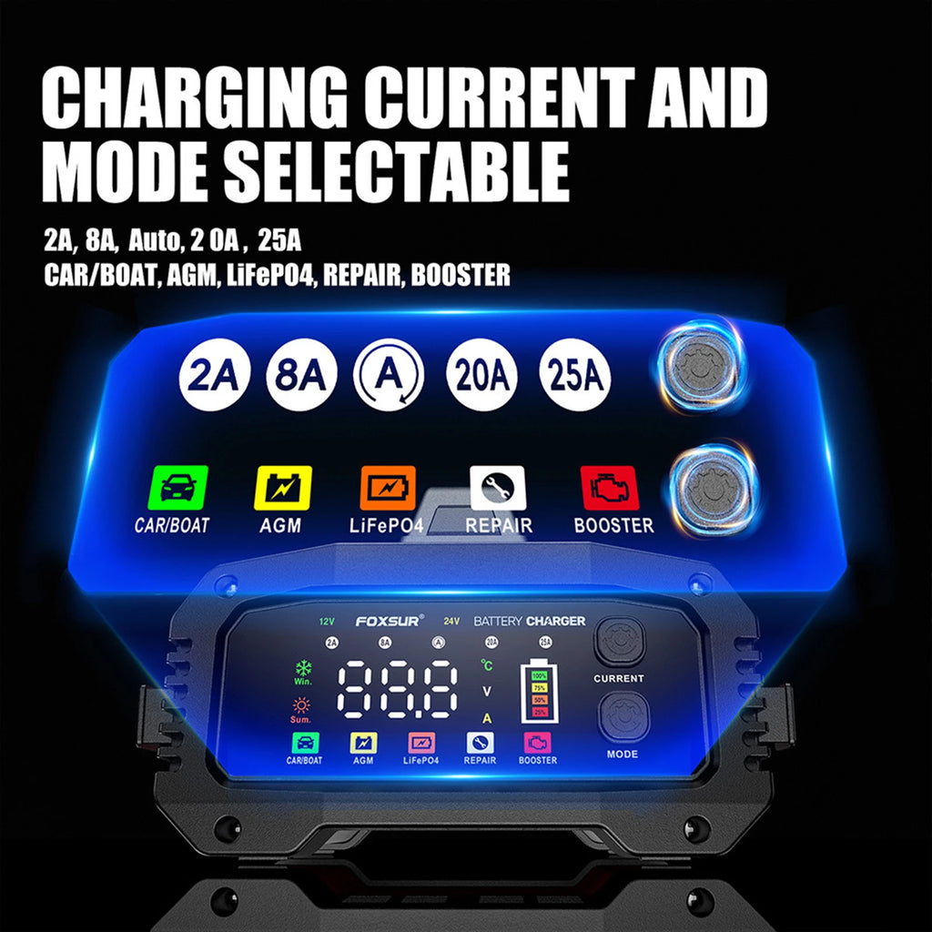 FOXSUR Smart Car Battery Charger 12V/25A 24V/15A Portable Battery Charger Optional Charging Current Shell with BOOSTER Function