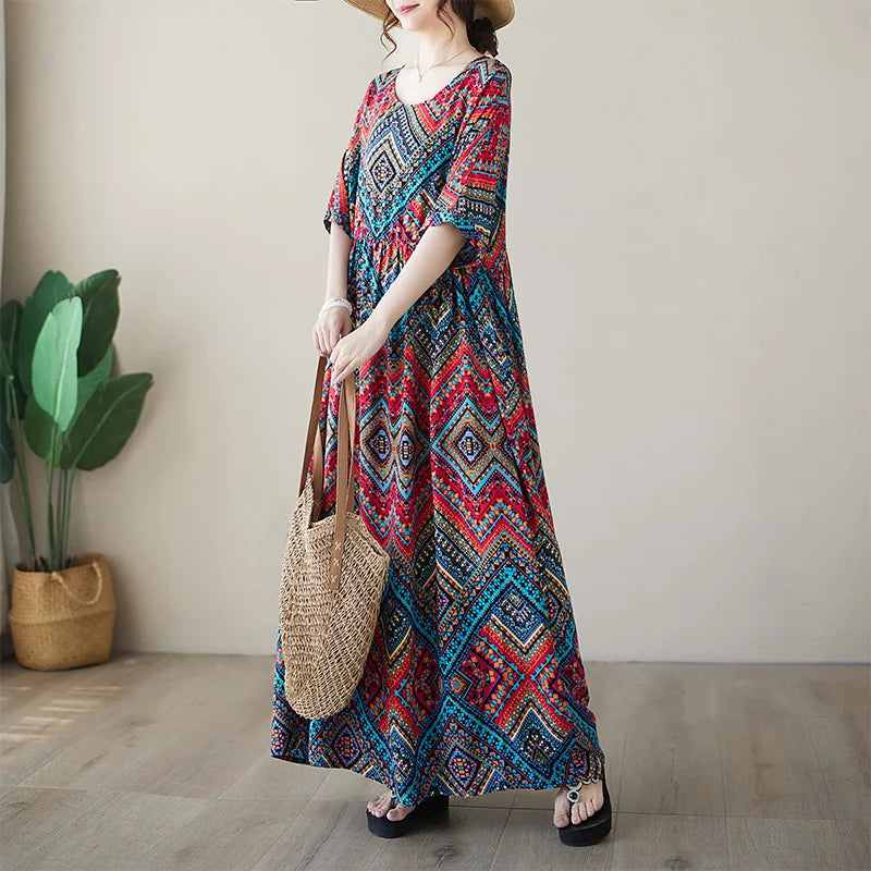 THHONE Vestidos Para Mujer Bohemian Print Maxi Long Dress for Women 2024 Floral Casual Cotton Linen Loose Vintage Robe Dresses