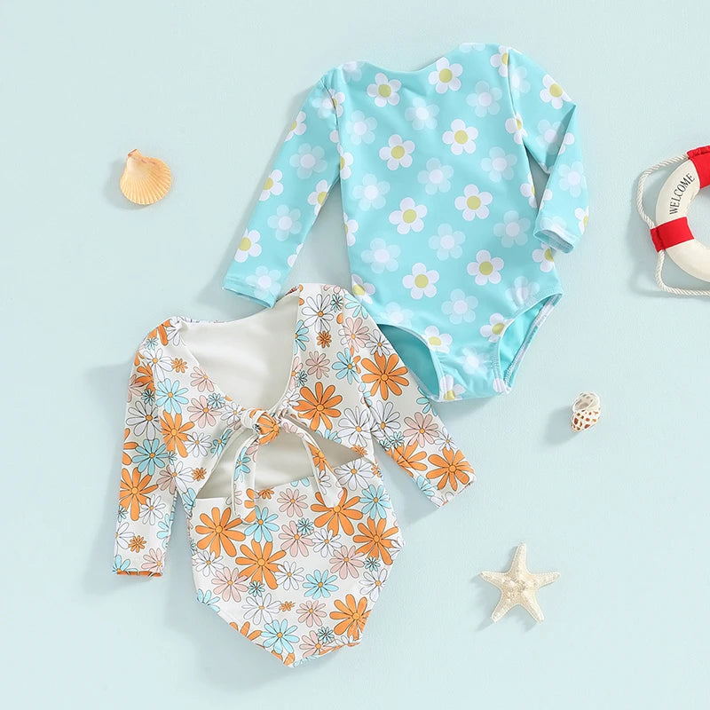 0-4Y Baby Girls Long Sleeve Swimwear Floral Print Back Cut Out Knot Swimsuits Toddler Bathing Suits Beachwear Kids Bikini