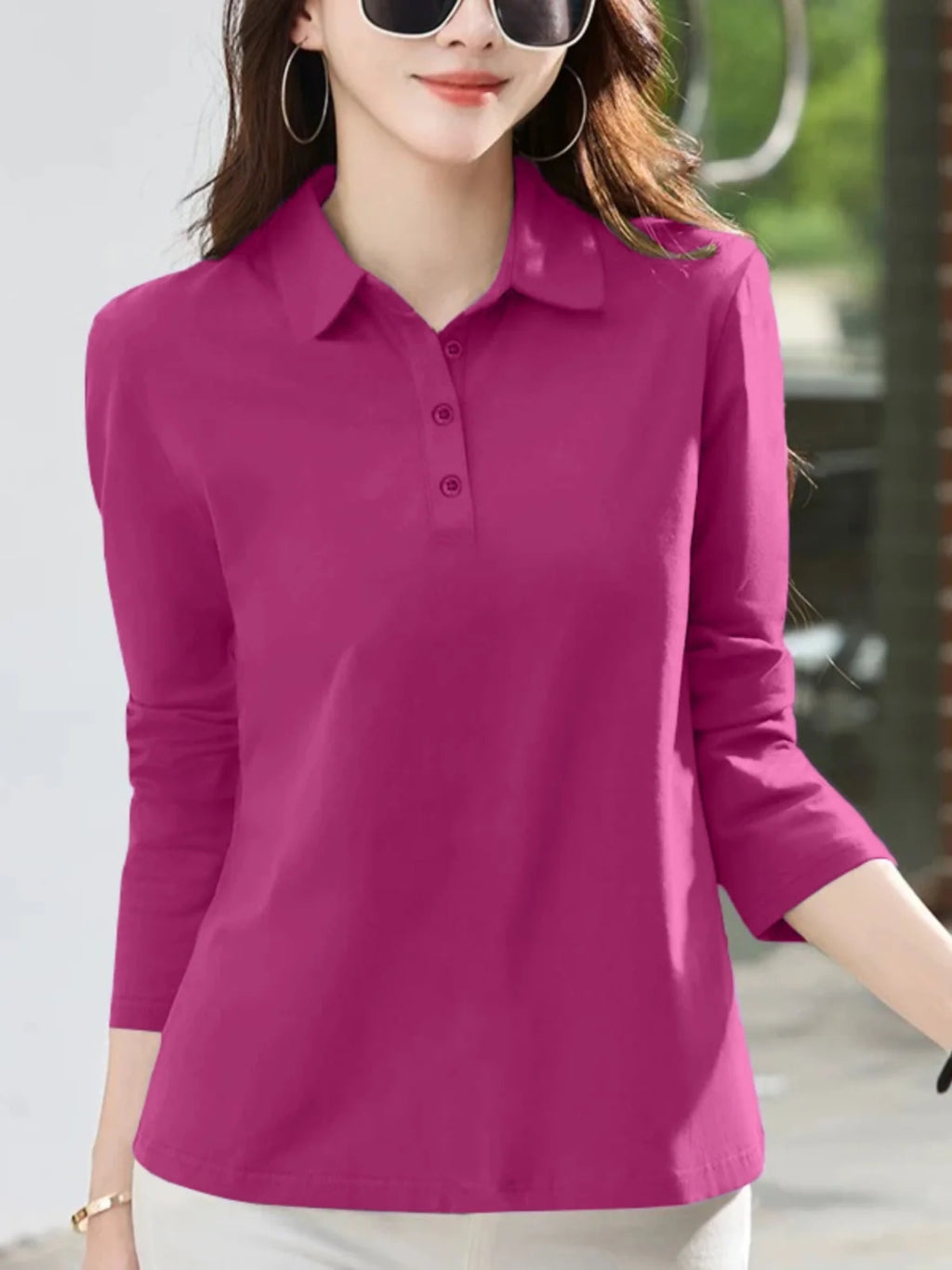 Women's  irt Long Sve T-irt Pure Cotton Loose Fit Autumn New Sle Versatile Turn-down Collar Base Top