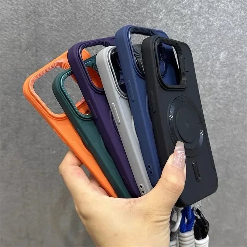 Luxury Flip Up Lens Holder Magnetic Case for iPhone 16 15 14 13 12 11 Pro Max 17 Plus Fashion Nylon Wristband Lanyard Soft Cover